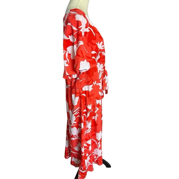 Lane Bryant Coral Floral Tie Knot Waist Midi Lined Short Sleeves Dress Size 20 - Picture 4 of 13